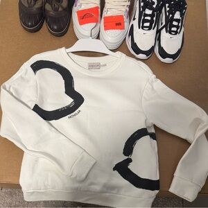Moncler White Crewneck Sweater with Bold Black Brushstroke Hearts